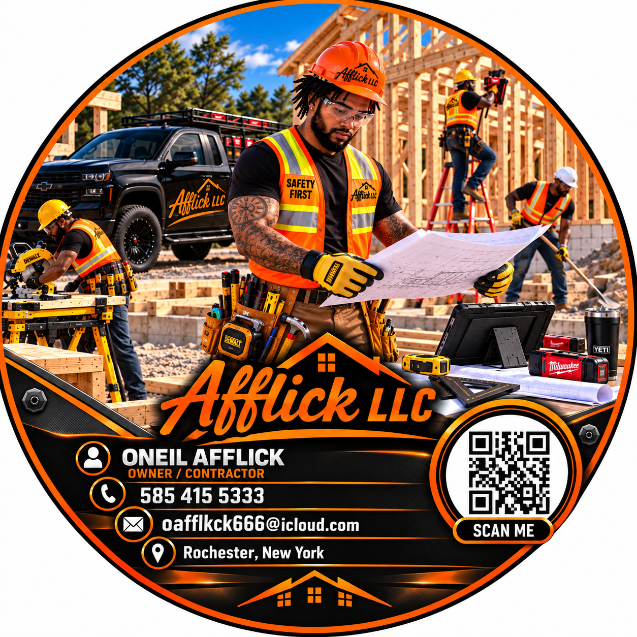 Afflick LLC circular business card featuring Oneil Afflick and his contact information