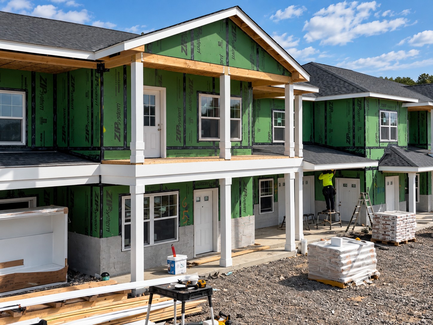 AI-enhanced drone-style view: porch framing & exterior trim