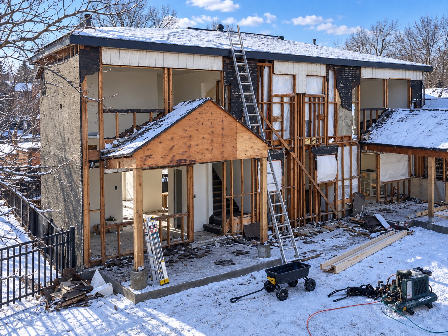 AI-enhanced drone-style view: exterior renovation in progress