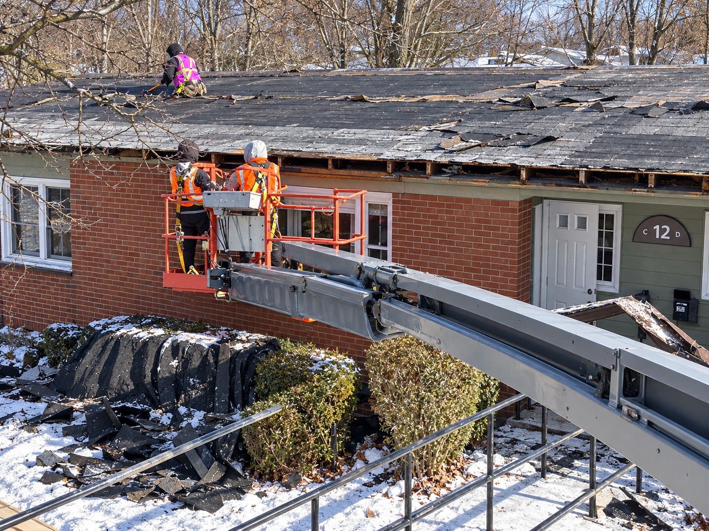 AI-enhanced drone-style view: roofing crew & lift equipment