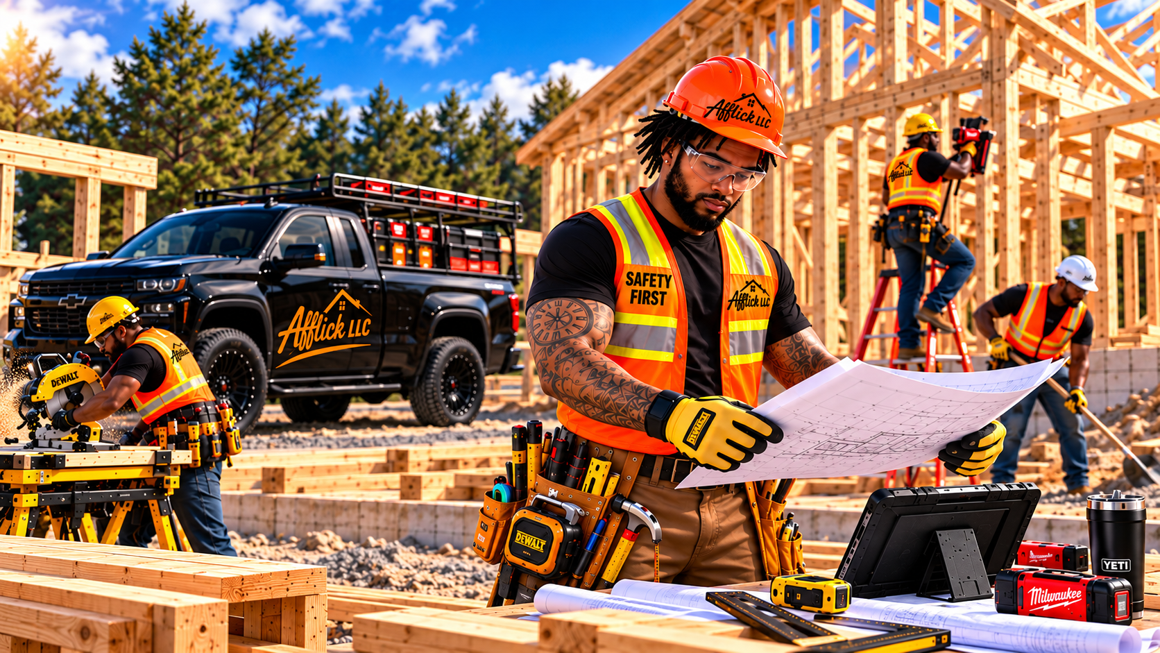 Afflick LLC brand illustration of a contractor reviewing blueprints with a construction crew and black truck